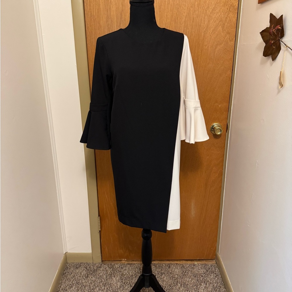 Sz6 Nicole Miller Studio color block sheath dress w/ruffled 3/4 sleeves.Classy!